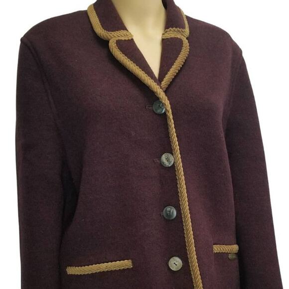 Giesswein Made in Austria Burgundy Wine Color Wool Blazer with Brown Trim Size 8 - Picture 2 of 5